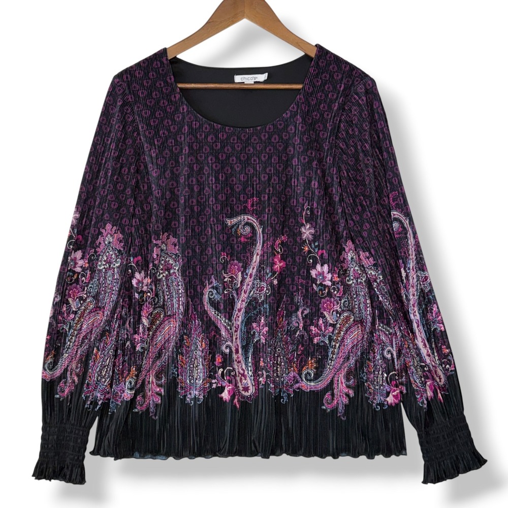 Chico's Plissé Blouse 2 L Purple Paisley Smocked Boho Lined Pleated Crinkle Chic